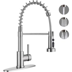 Kitchen Faucets with Pull Down Sprayer, Brushed Nickel Stainless Steel Single Handle Pull Out Spring Sink Faucet, 3 Function Sprayer 1 or 3 Hole Deck Plate for Farmhouse Laundry Rv Bar