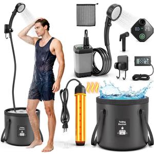 Portable Shower with Heater 6000mAh Rechargeable Camping Shower with LED Display, 3 Spray Modes, IPX7 Waterproof Shower Pump Foldable Bucket Outdoor Showering for Hiking RV Car Travel Pet