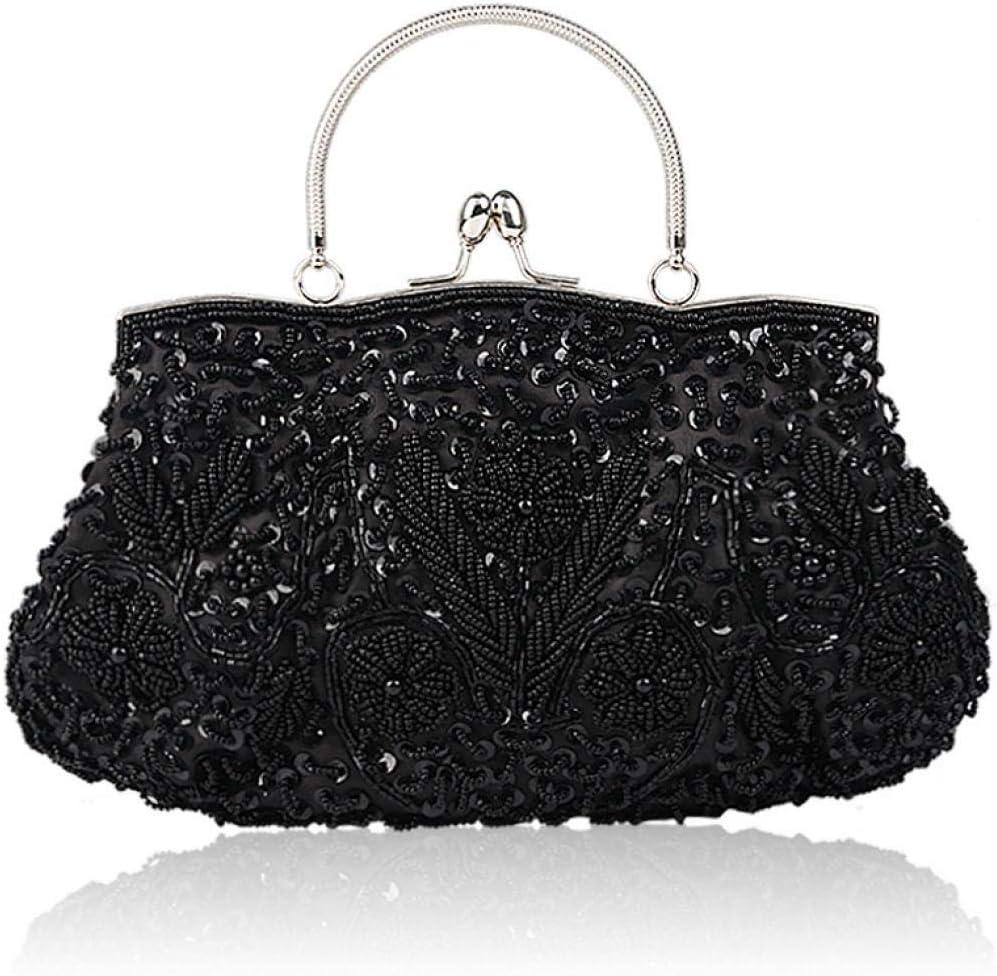 Floral Designer Evening Bag Beaded Sequin Design Vintage Kissing Lock Satin Clutch Purse Bag Wedding Party Clutch (Black)
