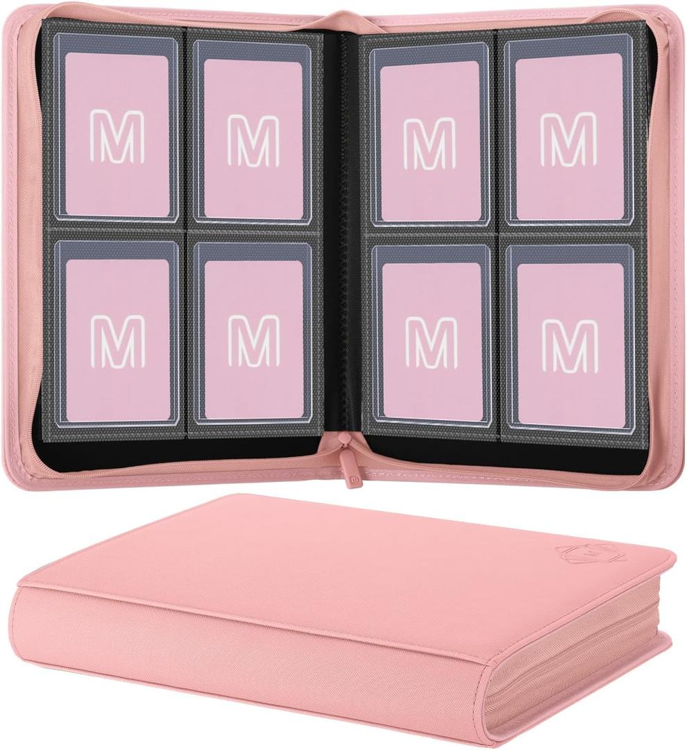 Toploader Binder,4-Pocket Side Load Trading Card Album, Holds 128 Cards with Double-Sided Pockets for MTG, Sports Cards, Top Loader Storage, Pink