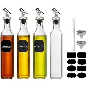 WERTIOO Olive Oil Dispenser Bottle,4Pack 17 OZ Glass Oil Dispenser for Kitchen with 4 Pourer,1 Stainless Steel Funnel & 1 Pen and 8 Label for Kitchen (500ml)