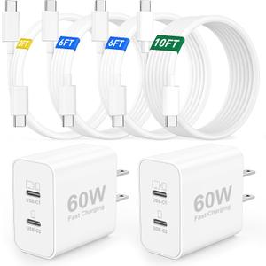 60W USB C Fast Charger for iPhone 17 16 15, 2 Pack 60W Dual Port Type C Charger Super Fast Charging Block with 3/6/6/10FT Long USB-C Cable for iPhone 17/17 Pro Max/16/16 Pro/15/15 Pro Max/Plus, iPad