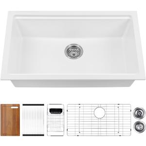 Davivy 30 Inch White Granite Composite Sink Workstation, 30 X 18 White Undermount Kitchen Sink, Dual Mount Installation, Deep Single Bowl with Accessories