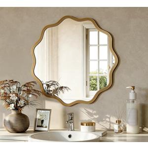 Brightify Gold Round Bathroom Wall Mirror, 20 Inch Circle Brushed Gold Mirrors with Metal Frame, Wall Wavy Mirror for Over Sink, Living Room, Vanity, Bedroom, Entryway, Fireplace