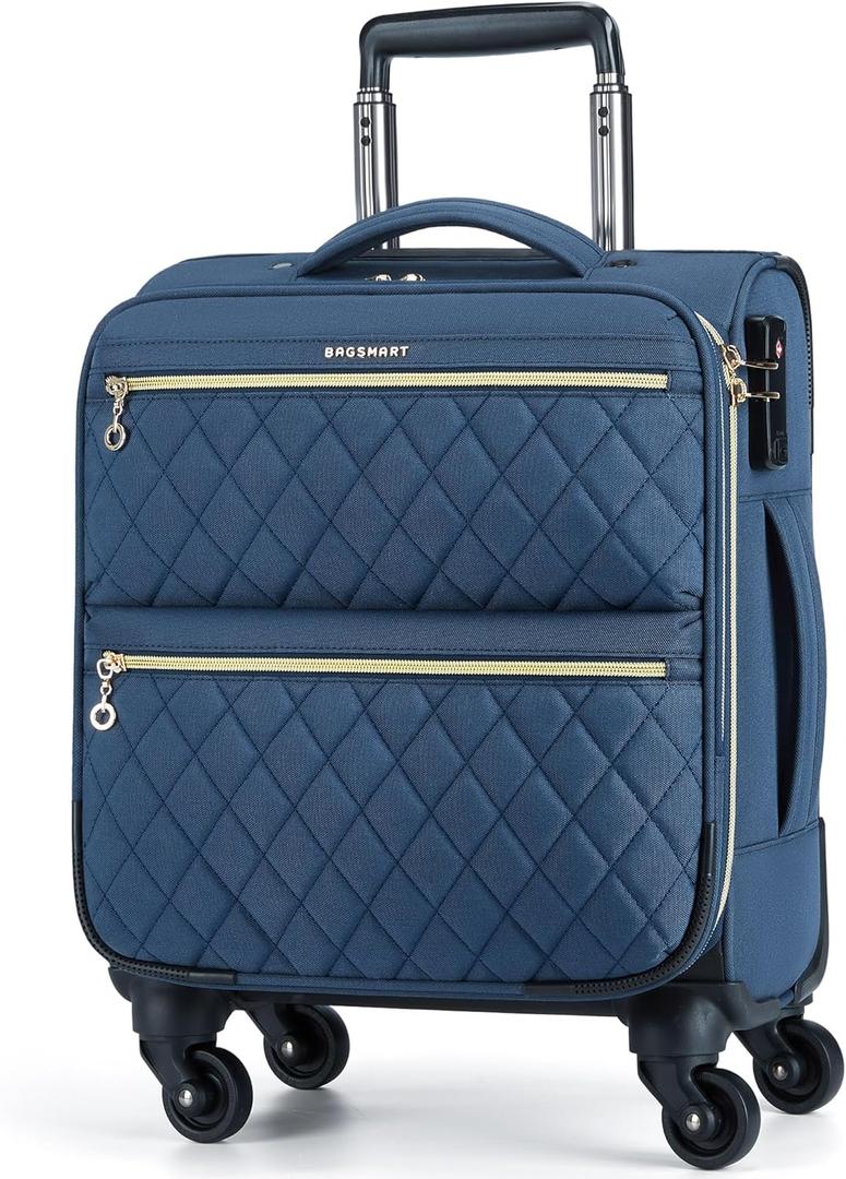 BAGSMART Underseater Carry On Luggage Airline Approved with Spinner Wheels, 16 Inch Small Luggage with TSA Lock, Overnight Small Rolling Softside Suitcases for Women, Navy Blue