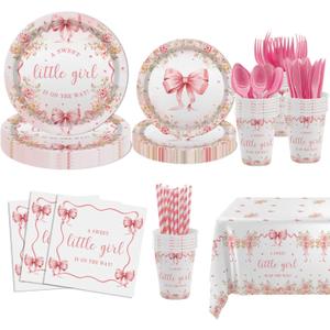 MEHOFOND Pink Bow Floral Baby Shower Party Decorations, Coquette Sweet Girl Paper Plates Cups and Napkins Set, Pastel Pink Bowknot Disposable Tablewares, Baby Girl Baby Shower Party Supplies, Serve 24