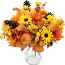 Fall Flowers Artificial for Decoration Silk Flowers Bouquet Fake Gerbera Daisy with Pumpkin Pine Cones Autumn Faux Fall Floral Arrangements for Indoor Home Table Centerpieces Vase Decor