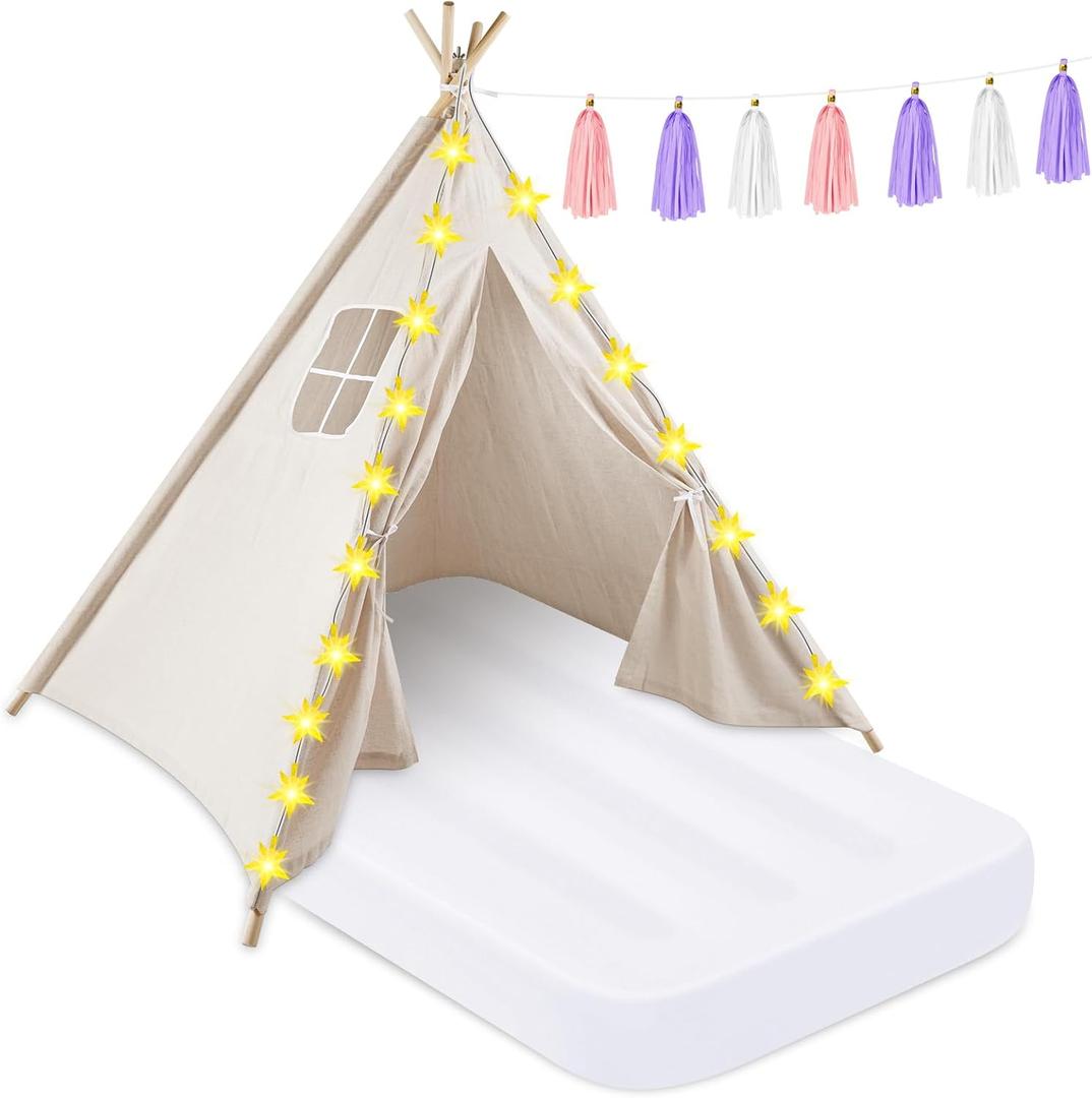PLULON Teepee Tent for Kids Slumber Party, Sleepover Tents for Girls Party, Play Indoor with Inflatable Airbed and Decorations Accessories Foldable Playhouse Christmas Birthday Gift (1pc Off White)