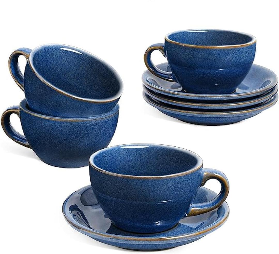 LE TAUCI 6 oz Cappuccino Cups with Saucers, Set of 4 Ceramic Coffee Cup and Saucer Set for Latte, Au Lait, Flat White, Mocha, Tea, Embossed Coffee Cups, Ceylon Blue