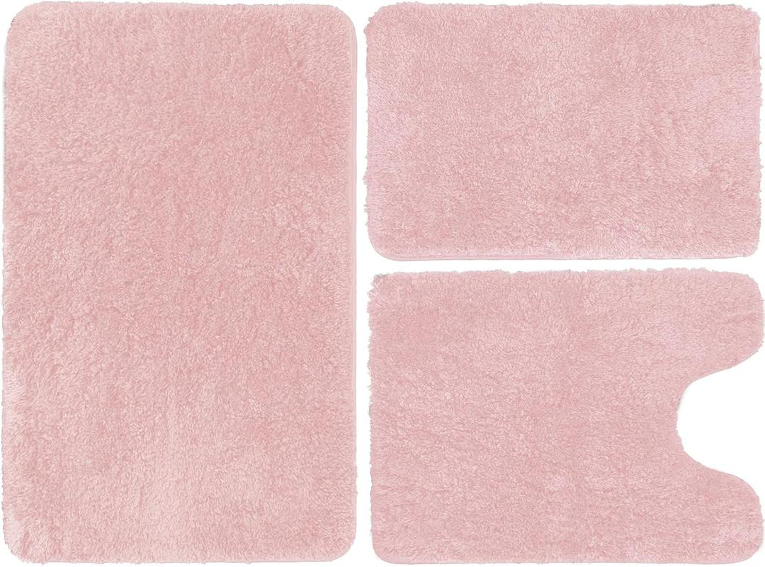 Pink Luxury Bathroom Rugs Set 3 Piece, Shaggy Bath Mats for Bathroom Non-Slip, Soft Shaggy Absorbent Microfiber Bath Mat, Machine Washable, Plush Bathmat Runner Carpet, Thick Fluffy Plush Floor Mat (20"x32"+16"x24"+ U Shape20"x20")