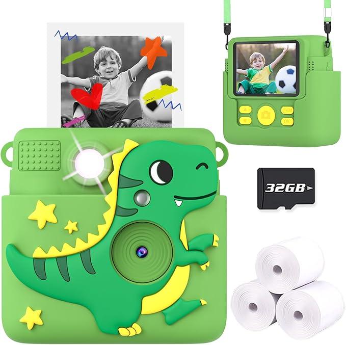 Kids Camera Instant Print with Silicone Cover, Creative Gifts for Girls Age 4-12 Birthday Christmas, 1080P Digital Camera Toy with 32GB SD Card