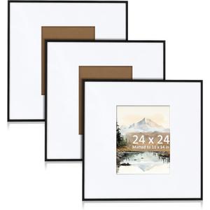 Wonderjune 3 Pcs Matte Black Metal Picture Frames Aluminum Alloy Thin Border Square Frames with Fit for Photo with Mat or Photo Without Mat (24x24 Inch11x14 Inch), 24x24 Inch11x14 Incch