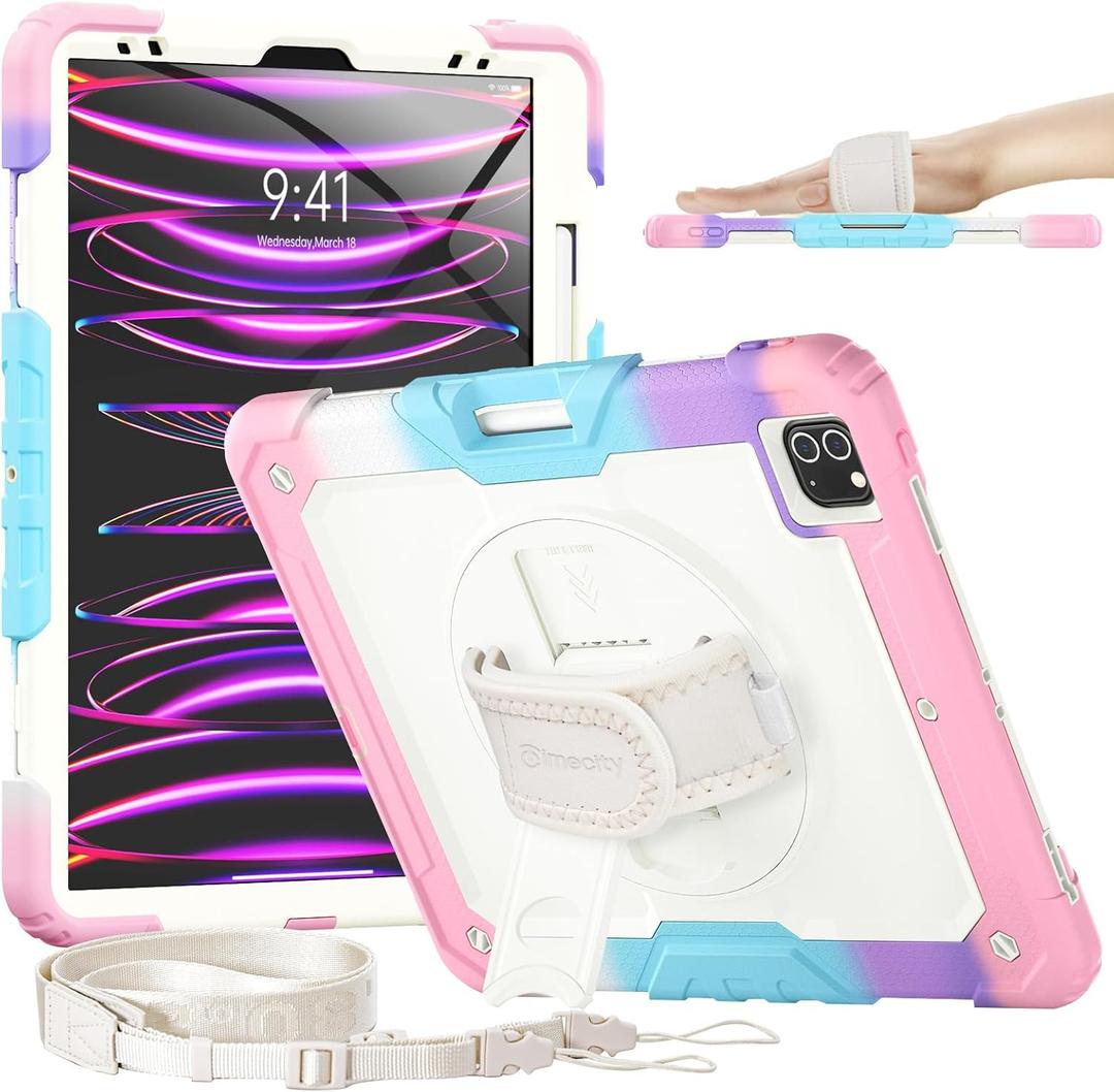 Timecity for iPad Pro 12.9 Case 6th/5th/4th/3rd Gen, 360 Rotating Stand, Pencil Holder & Wireless Charging, Shockproof with Screen Protector & Shoulder Strap - for Designers & Professionals-Pink Camo
