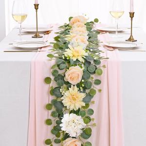Yastouay 6 Ft Flower Garland with Lights, Champagne Rose Floral Garland Fake Flowers for Wedding Arch Party Tables Backdrop Decor
