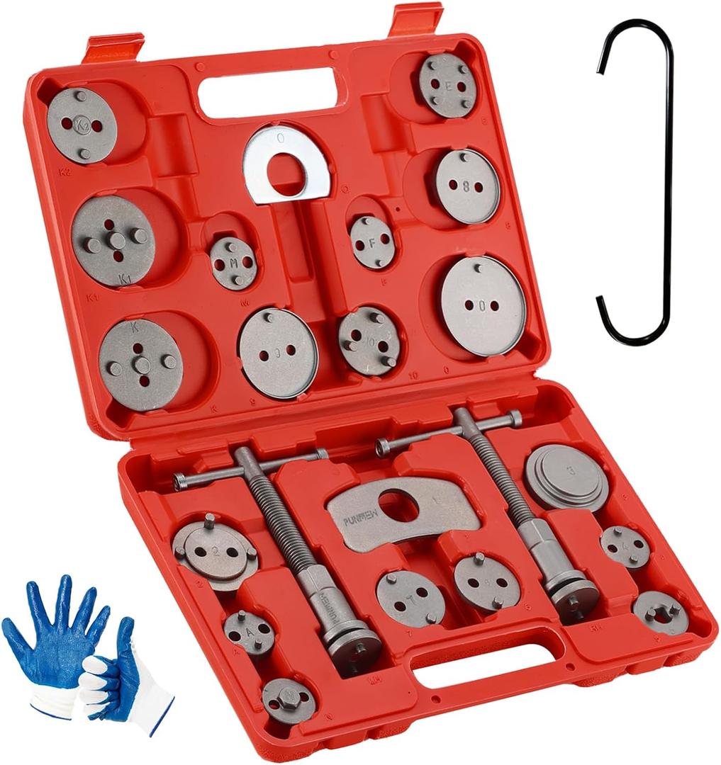 Brake Caliper Compression Tool 24-Piece Heavy Duty Disc Brake Piston Caliper Compressor Rewind Tool Set with C Hanger