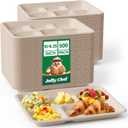 JOLLY CHEF Compostable  Compartment Paper Plates  *   [ ] Heavy Duty Divided Disposable Eco-Friendly Biodegradable Containers Food Trays for Dinner School Buffet(Brown) (10*8.25in-500pack)