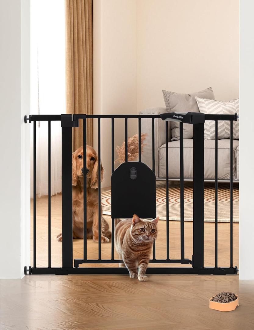 Babelio Auto Close Baby Gate with Cat Door, 29-43" Metal Gate for Doorway, Stairs, House, Easy Walk Thru with Pet Door, Includes 4 Wall Cups and 3 Extension Pieces, Black