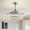 48" Crystal Chandelier Ceiling Fan with Light Modern Ceiling Fan with Retractable Blades Crystal Fandelier with Remote Control Chrome Fandelier for Dining Living Room