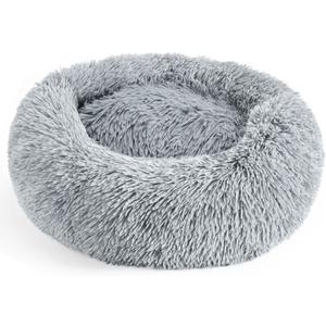 28in Large Dog Bed, Medium Size Dog and Cats, Calming Donut Bed for Puppy and Kitten, Washable Round Fluffy Pet Bed (Light Grey)