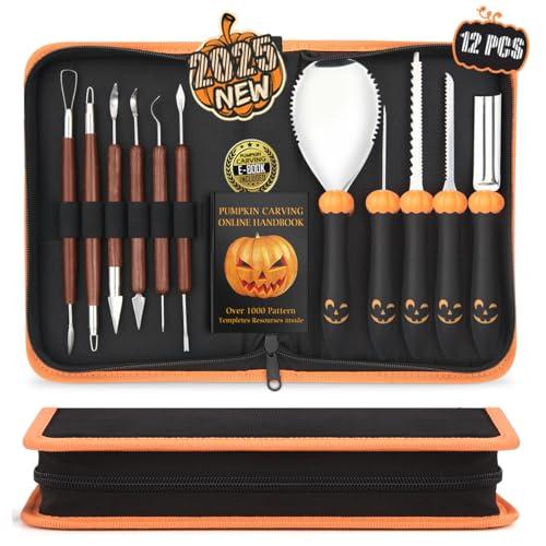 Upgraded Pumpkin Carving Kit for Adults & Kids with Professional Detail Sculpting Tools, Heavy Duty Stainless Steel Knife Set with Carrying Case for Halloween Decoration