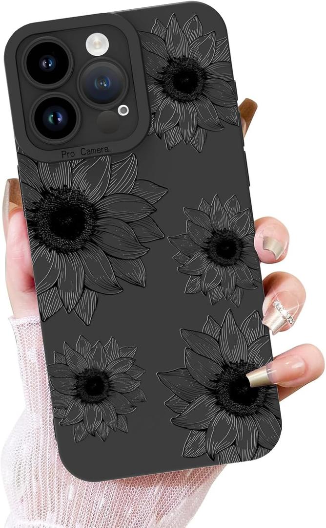 OOK Floral case for iPhone 14 Pro Max Case, Cute Sunflower Floral Blooms Design Soft TPU Shockproof Protective for Women Girls Phone Cover - Black Flower