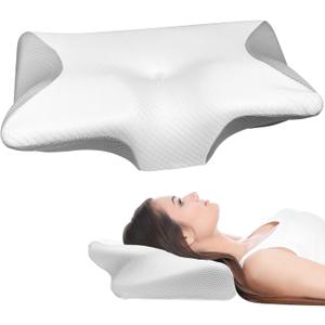 Neck Pillow, Memory Foam Cushion, Orthopedic Pillow, Neck Pillow, Ergonomic Pillow, Pillow for Sleeping, Back or Stomach  23.23" x 14.57" x 4.7" ( White and Grey )