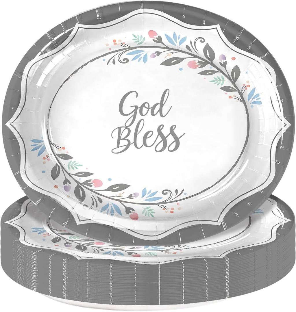 God Bless Baptism Plates,Oval Paper Plates First Communion Plate Baptism Party Decorations for Christening Birthday Supplies