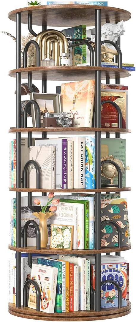 Aheaplus 5 Tier Rotating Bookshelf Tower, Revolving Bookcase, Rustic Brown, 5 Tier, 63" H