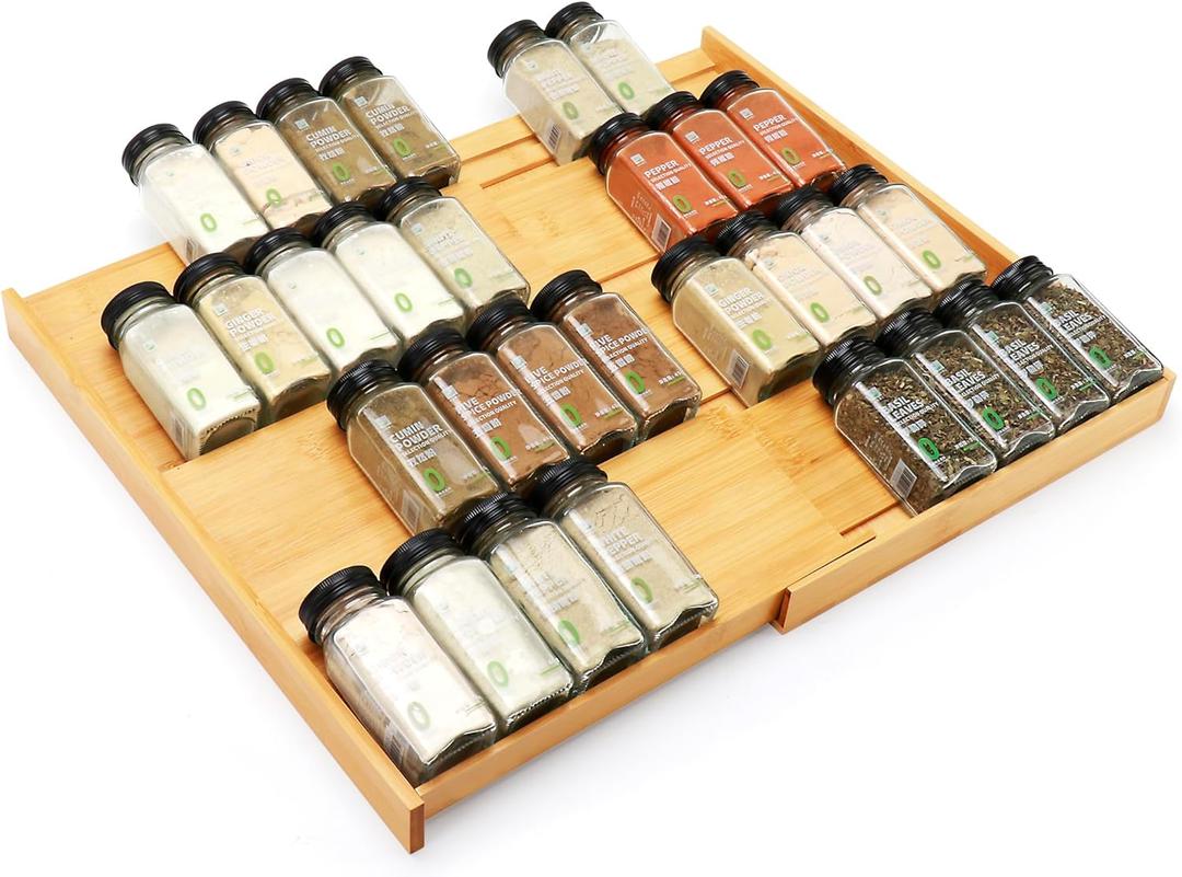 Bamboo Spice Drawer Organizer, (Need 3.1 Deep Drawer) Expandable 4 Tier Spice Rack for Cabinet (From 12" to 23" Wide), Seasoning Storage Insert, Spice Organizer for Drawer,Jars Not Included