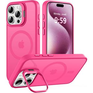 Magnetic Case for iPhone 15 Pro Max with Kickstand, Compatible with Magsafe, Built-in Camera Stash Stand, Military Protection, Skin Feeling Phone Case for iPhone 15 Pro Max, Hot Pink