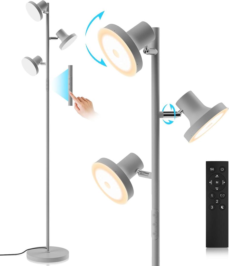 36W LED Tree Floor Lamp, Modern Dimmable Standing Lamp with Remote & Touch Control, 4 Color Temperatures, 3 Rotatable LED Light Floor Lamps for Living Room, Bedroom, Office (Silver Gray)