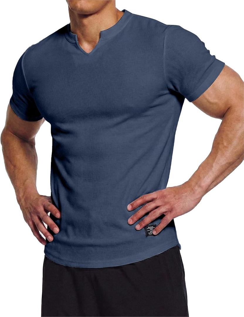 Dokotoo Men Mens Muscle Slim Fit T Shirts Texture V Neck Gym Workout Athletic Short Sleeve Mens Shirts (Navy Blue, Medium)