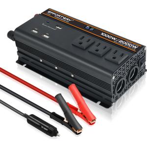 1000 watt Power Inverter for Vehicles 12V to 110V/120V Converter 2000 watt Peak with 3 AC Out, 3 USB,Type-C Charger,and Cigarette Lighter Ports for Smartphones Laptops Tablets