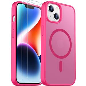 SPIDERCASE for iPhone 13 Case for iPhone 14 Case, Magnetic Translucent [2 Pack Tempered Glass Screen Protector] Anti-Fingerprint Anti-Scratch for iPhone 14/13 6.1, Hot Pink