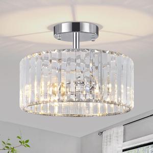 TOULMJ Crystal Ceiling Light, 3-Light Modern Semi Flush Mount Ceiling Lighting Fixture, Round Hallway Light Fixtures Ceiling for Kitchen Entryway Bedroom Laundry Room, Chrome Finish