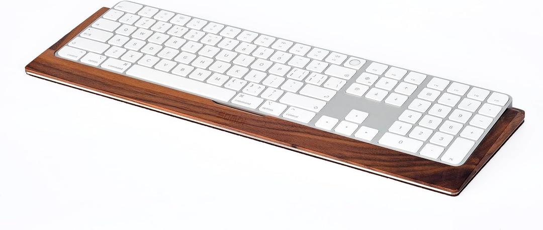 SAMDI Apple iMac Stand Base, Stainless Steel/Wooden Keyboard Tray - Magic Keyboard Mounting Platform - Black Walnut