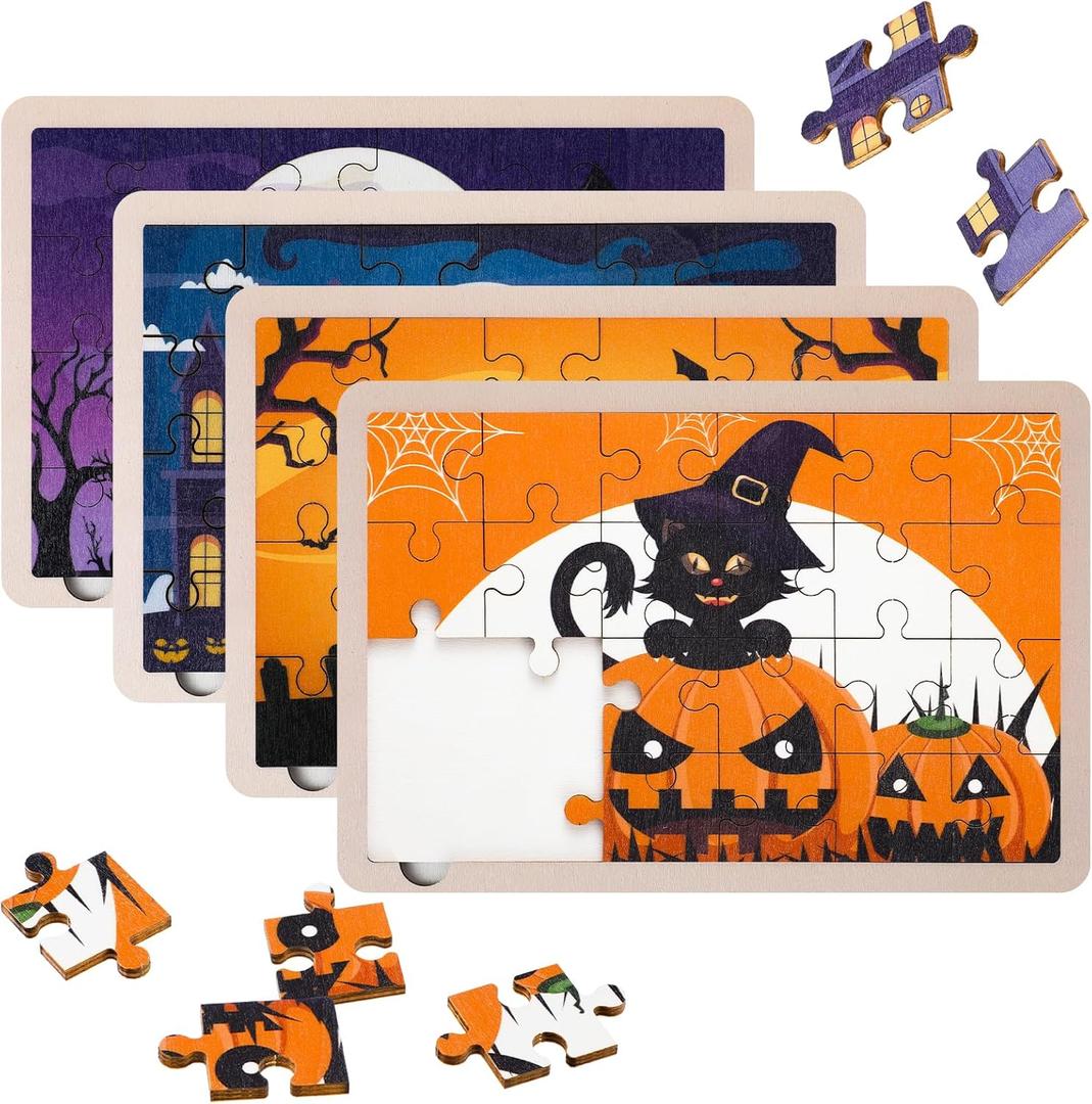 4 Pack 96 Pcs Wooden Puzzles - Halloween Jigsaw Puzzles for Boys and Girls, Party Favors, Classroom Rewards