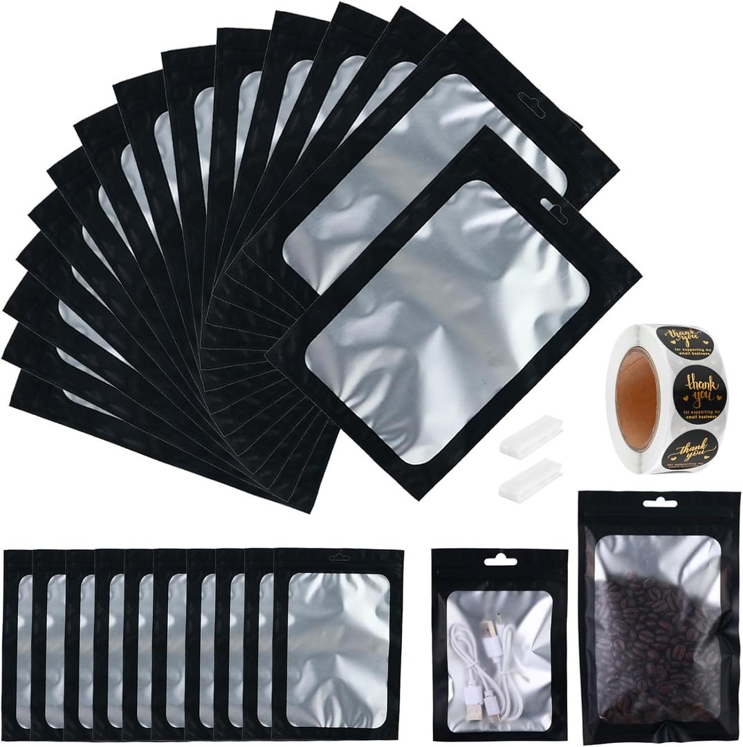 200-pack 6 x 9 in Mylar Bags with Clear Window Resealable Foil Pouches for Food Storage Smell Proof Edible Packaging Bags Bulk for Cookies, Jewelry and Small Business, Matte Black