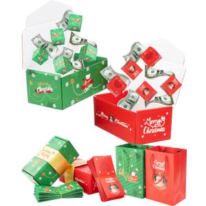 ASSRECT 2 pcs Exploding Gift Box - Christmas Surprise Box Pop Up with 24 Money Holders, Reusable Party Gift Box for Cash, Gifts, Xmas, Birthday, Party Supplies (Red+Green)