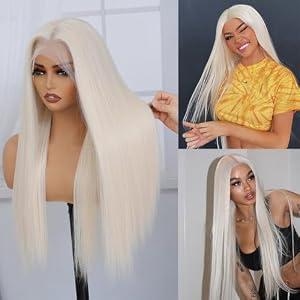 Puoonn Platinum Blonde Synthetic Lace Front Wig Pre Plucked Ready to Wear 13x4 HD Glueless Straight Lace Front Wig for Women Natural Looking Synthetic Heat Resistant Fiber Platinum Blonde Wig