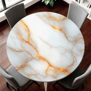 Yesad Elastic Tablecloth for Round Tables, Waterproof Tablecover for Up to 53"-60" Round Table, Dining Tablecover for Indoor and Outdoor, Holiday, White and Golden Marble