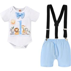 GRNSHTS Baby Boy Funny First Birthday Clothes Infant Boy Bow Tie Romper Bodysuit Cake Smash Outfits (9-12 Months)