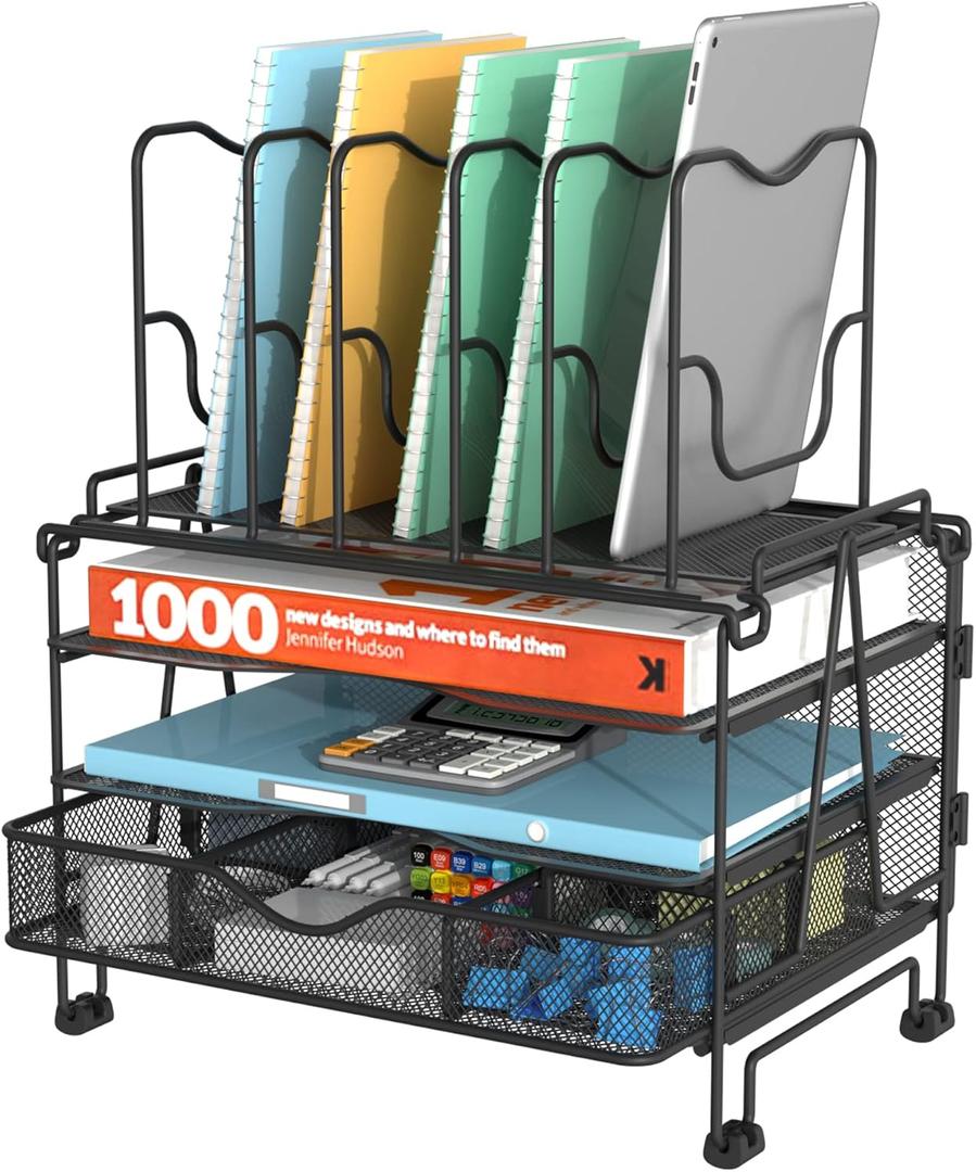 BOHDK Mesh Desk Organizer, 3-in-1 Desktop Organizer with 3 Tier Tray and 5 Upright Sections, File Organizer for Desk with Sliding Drawer, Black