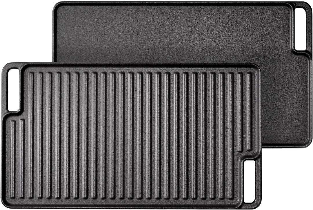 Reversible Grill/Griddle with Handles, 18"x10" Pre-Seasoned Cast Iron Griddle,Non-Stick Family Pan Cookware, Flat Top Plate for Stove,Oven,BBQ, Gas Grill,