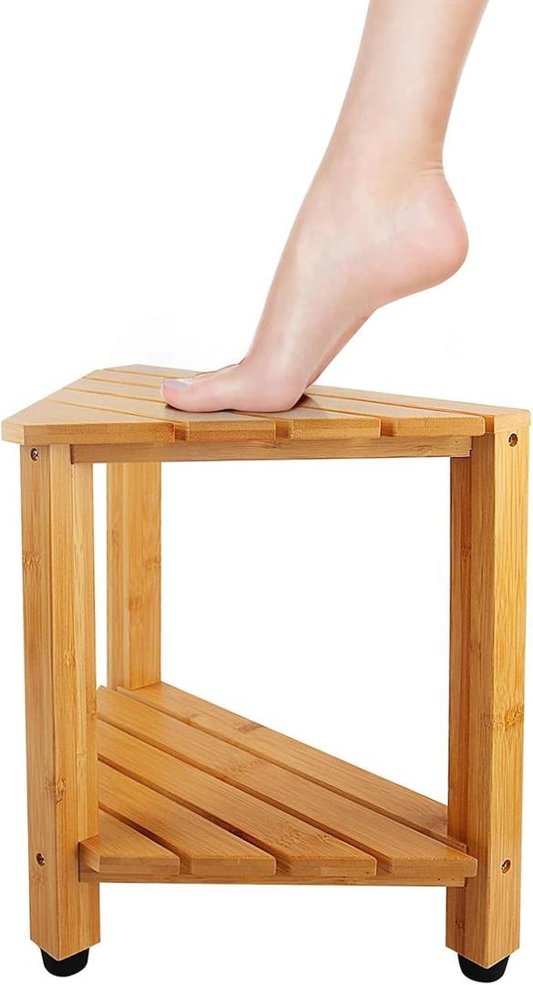 Shower Foot Rest 13 in, Bamboo Shower Stool for Shaving Legs,Corner Bath Shower Bench with Starage Shelf for Inside Small Shower Spaces - Water Resistant