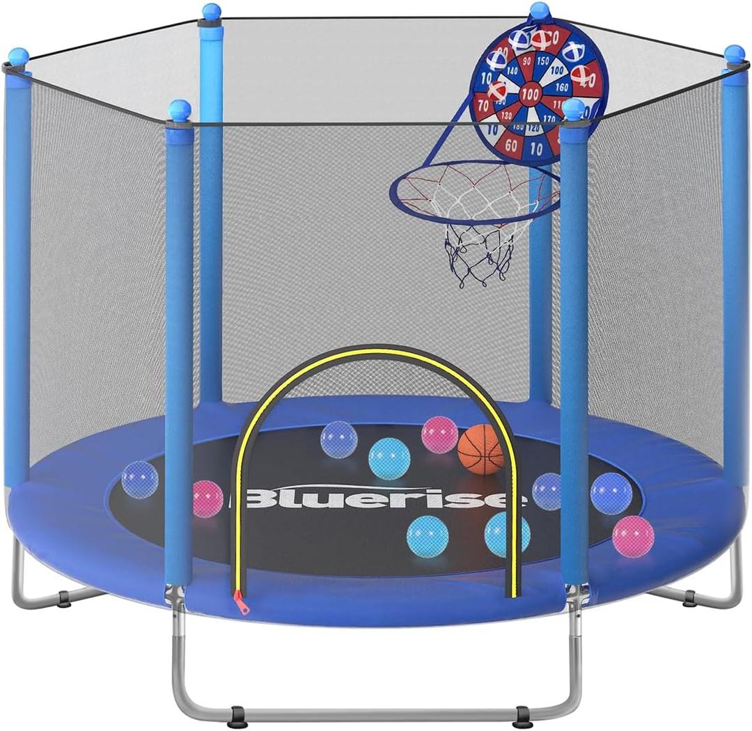 BLUERISE 60" Trampoline for Kids, 5 FT Small Toddler Indoor & Outdoor Trampoline, Basketball Hoop & Dart Board, Baby Trampoline Toys, Gifts for Boy and Girl, Baby Toddler Christmas Toys (no basketball ring)