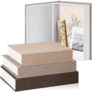 Tioncy 3 Pcs Fake Book Box Neutral Linen Book Box Decorative Faux Prop Storage for Farmhouse Home Decor shelf Table Card Photo DIY Keepsake Gift(Multi Sizes,Khaki, Dark Coffee, Light Coffee)