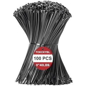 TOKCKYBL 8 Inch Zip Ties (100 Pack) – Heavy Duty 40lbs Tensile Strength, UV Resistant Black Cable Ties for Indoor & Outdoor Use, Durable Nylon Wire Ties for Organizing Cables, Garden, Garage, and More