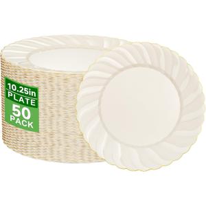 YOUBET 50 Pack Ivory Scalloped Plastic Plates 10.25 Inch Ivory Disposable Plates with Gold Rim - High End Elegant Vintage Dinner Plate for Birthday Parties & Wedding