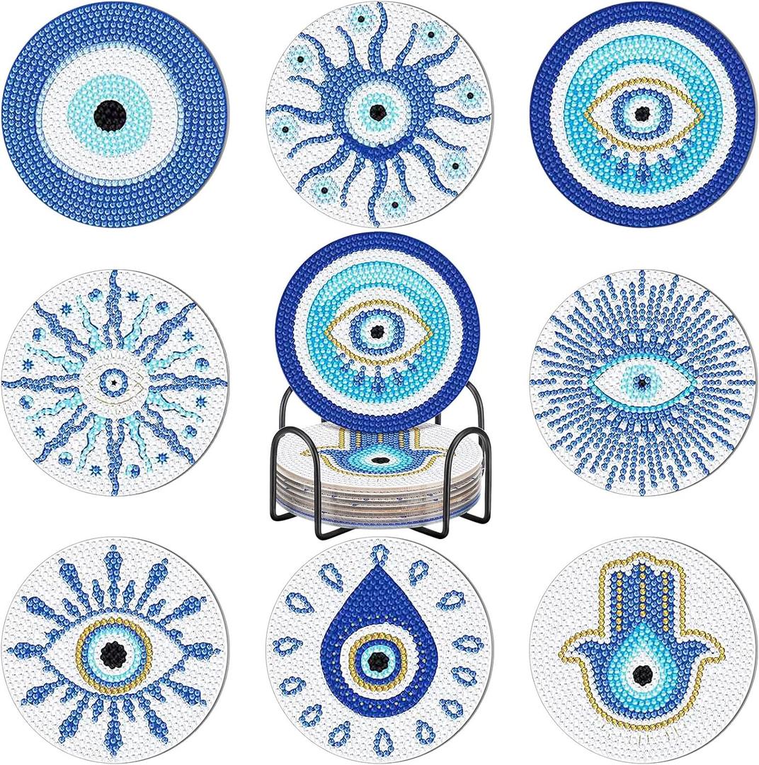 8 Pcs Evil Eye Diamond Painting Coasters Blue Diamond Art Cup Holder Mat with Cork Base for Beginners Craft Supplies Gift